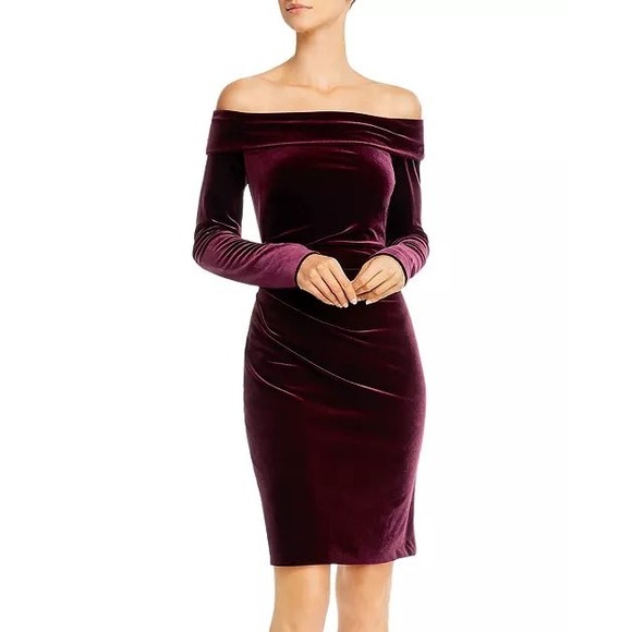Eliza J Velvet 16 Off Shoulder Long Sleeve Bodycon Dress Party Cocktail Burgundy - Picture 1 of 5